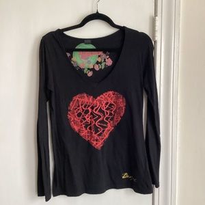 DESIGUAL black with red graphic (heart) long sleeve top women’s size S/M
